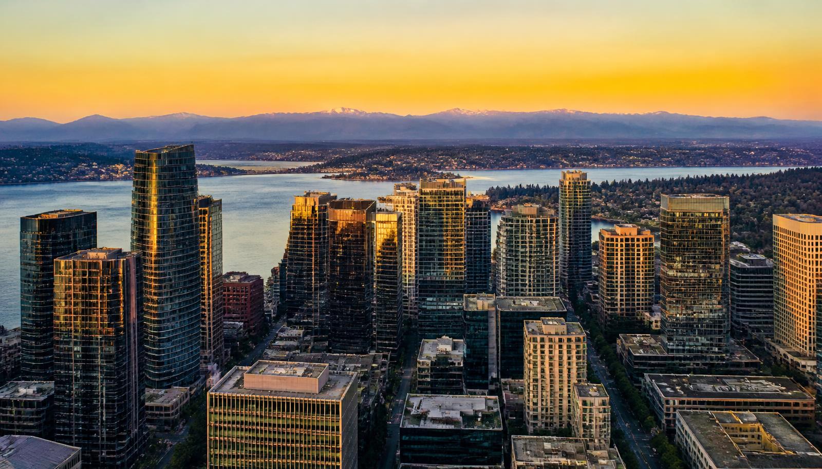 Bellevue, Washington downtown skyline at golden hour