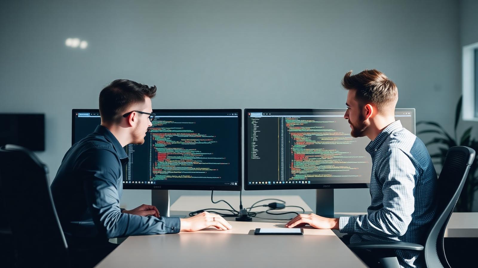 Two software developers reviewing code together at dual monitors