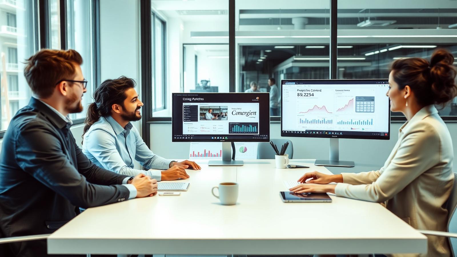 Marketing team reviewing campaign content and web analytics on screens in an office