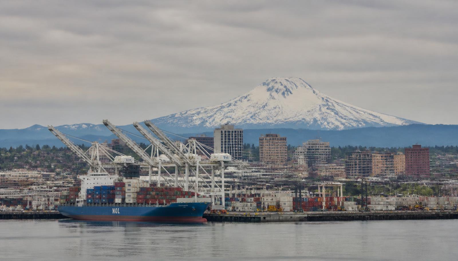 Port of Tacoma container terminal with downtown Tacoma and Mount Rainier behind it