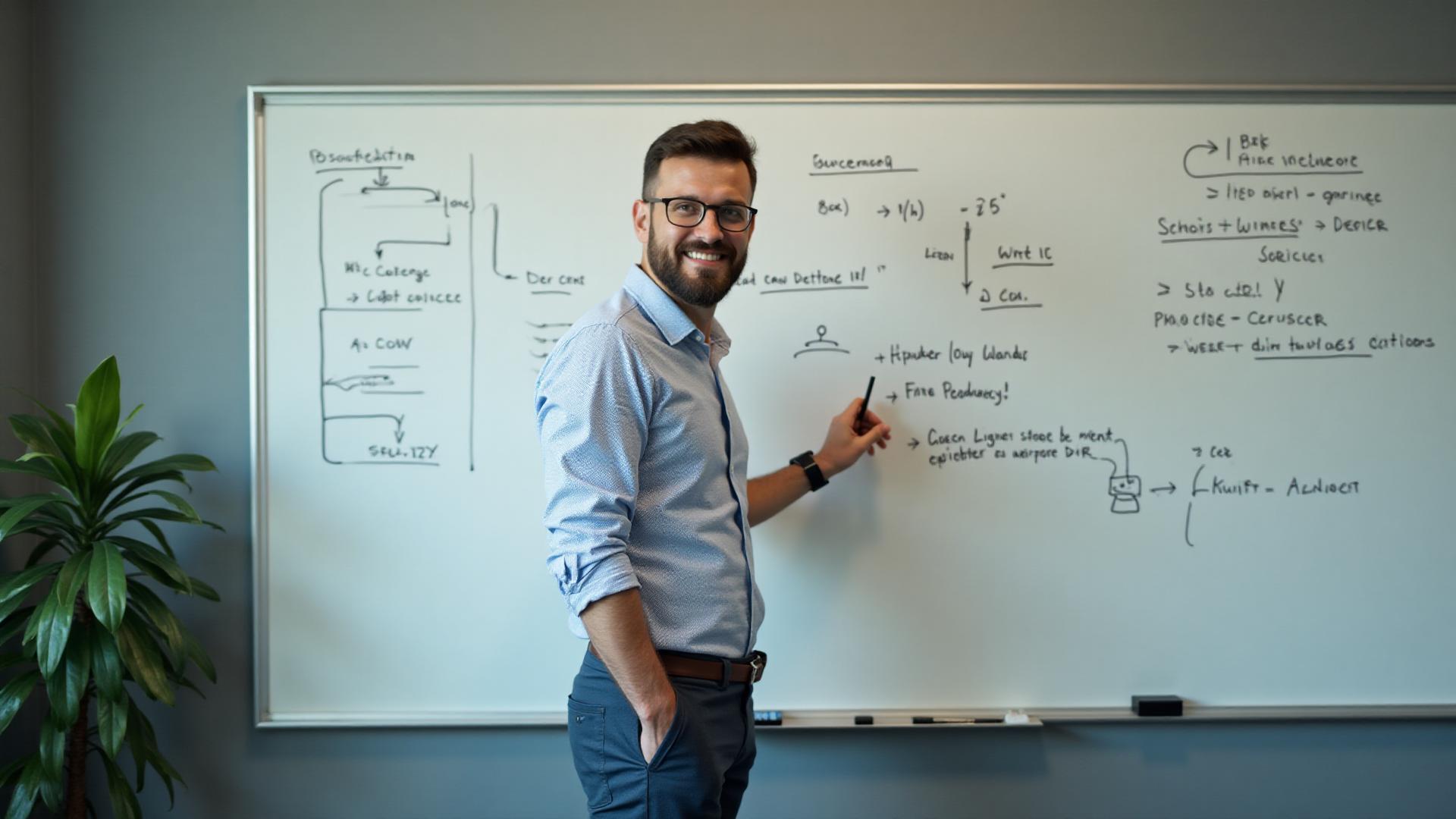 Tech professional presenting AI and software engineering concepts at whiteboard during team collaboration